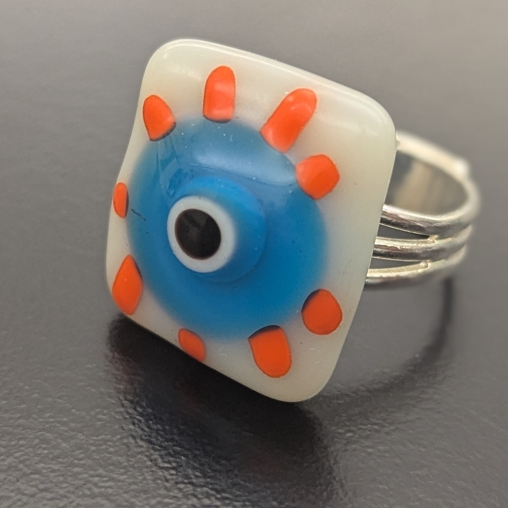 Artisan Handmade blue/Orange evil eye ring. Silver plated adjustable ring base
